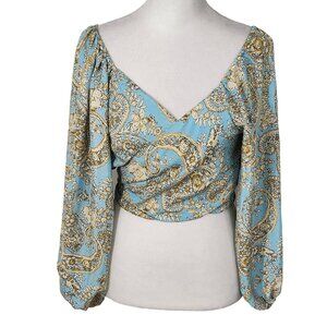 Karma Highway Blue Cream Crop Top with Full Sleeves and Tie Waist One Size